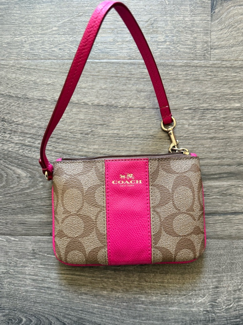Coach Brown Signature Canvas Wristlet with Bright Pink Trim